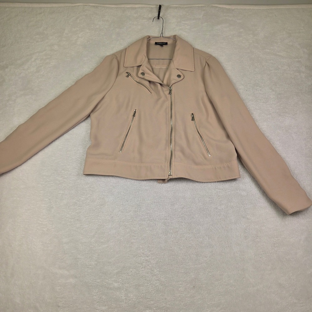 Kenneth Cole New York Womens Moto Jacket Blush Beige Crepe Zip Biker Size L